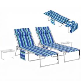 Tanning Chair Set of 2 with Face Hole and Side Table, 5-Position Folding Outdoor Chaise Lounge Chair, Blue Stripe