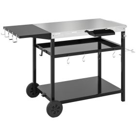 Outdoor Bar Cart Grill Table with Stainless Steel Tabletop, Wheeled Outdoor Serving Cart Prep Table with Storage, Hooks (Option: Black)